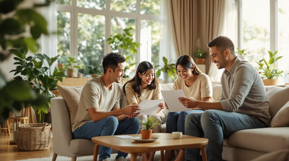 An OFW family reviewing home loan documents together in their living room in the Philippines