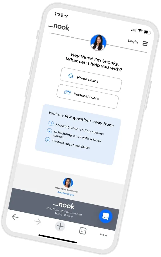 The Nook app showing Snooky the loan assistant with Home Loans and Personal Loans options to get pre-qualified in the Philippines